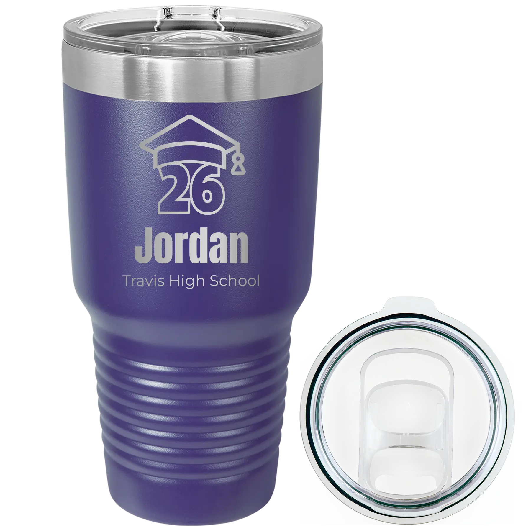 Personalized purple 30 oz vacuum insulated tumbler with 'Year 2026' design