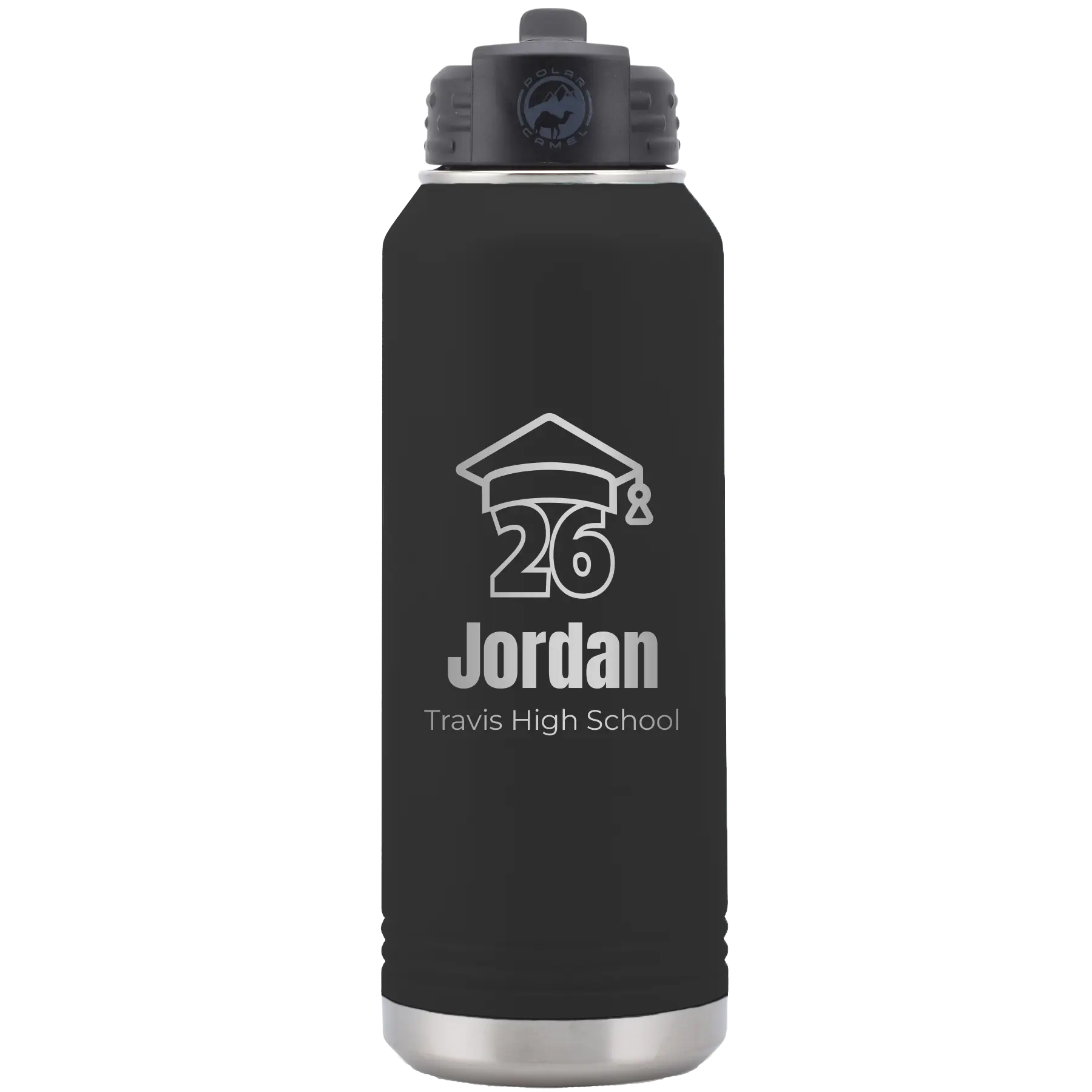 Personalized black 32 oz vacuum insulated water bottle with 'Year 2026' design