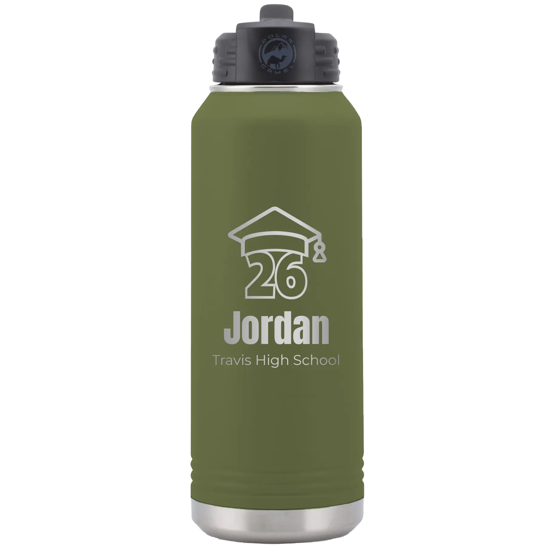 Personalized olive green 32 oz vacuum insulated water bottle with 'Year 2026' design