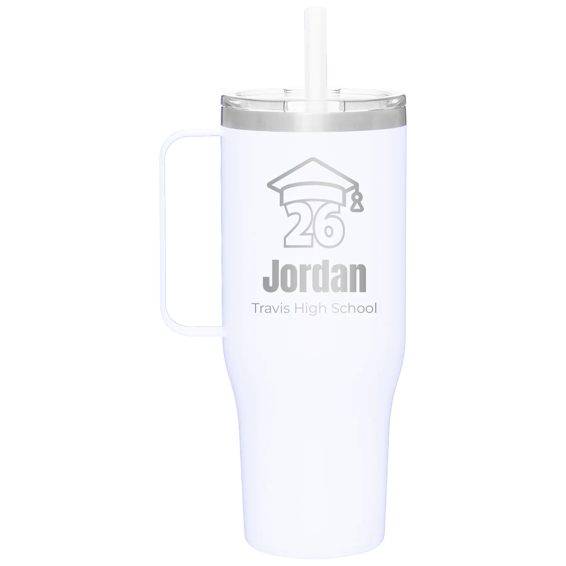 Personalized white 40 oz vacuum insulated tumbler mug with 'Year 2026' design
