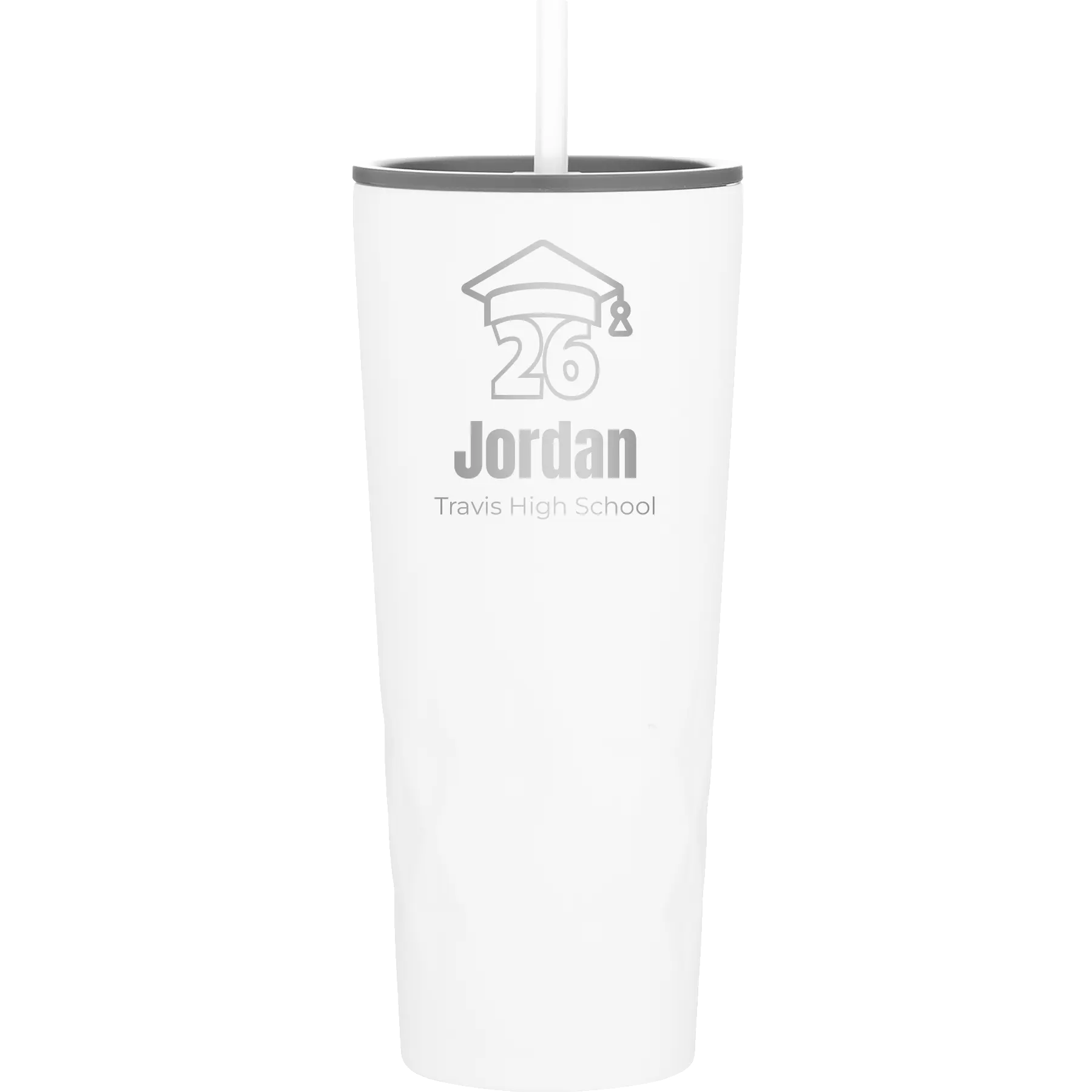 Personalized white 20 oz vacuum insulated tumbler with 'Year 2026' design