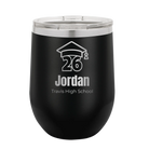 Personalized black 12 oz vacuum insulated wine cup with 'Year 2026' design