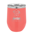 Personalized coral 12 oz vacuum insulated wine cup with 'Year 2026' design