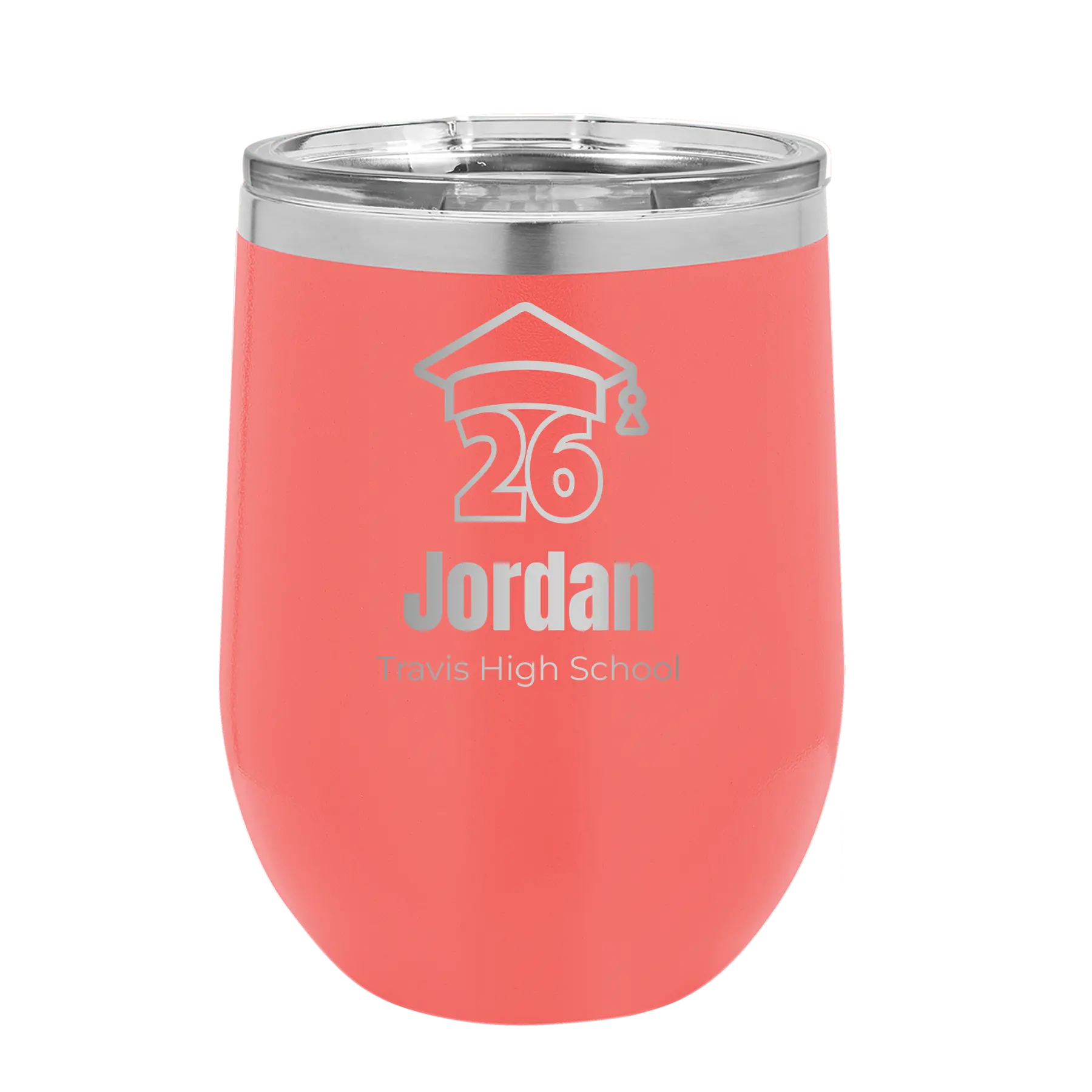 Personalized coral 12 oz vacuum insulated wine cup with 'Year 2026' design