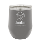 Personalized dark gray 12 oz vacuum insulated wine cup with 'Year 2026' design