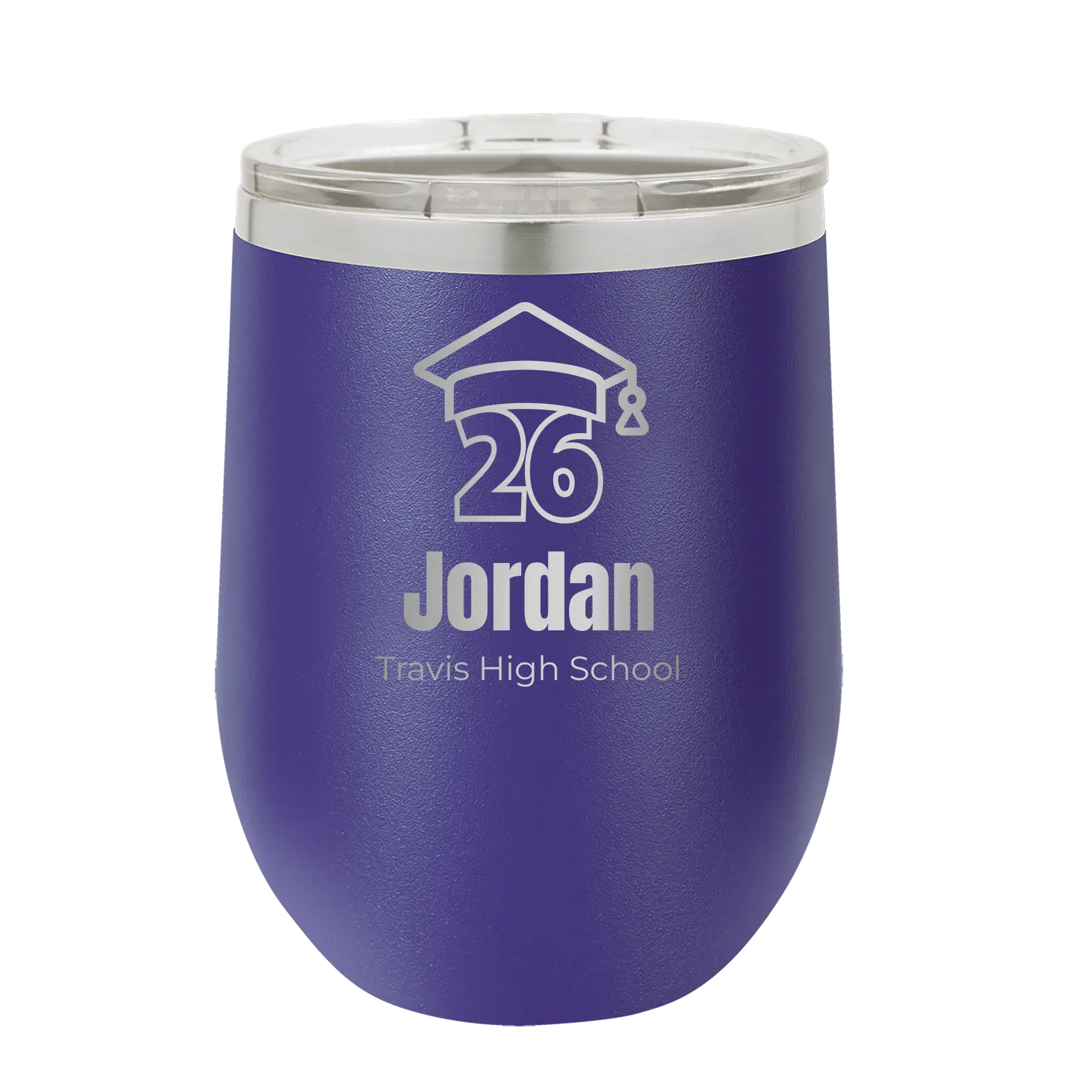 Personalized purple 12 oz vacuum insulated wine cup with 'Year 2026' design