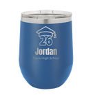 Personalized royal blue 12 oz vacuum insulated wine cup with 'Year 2026' design