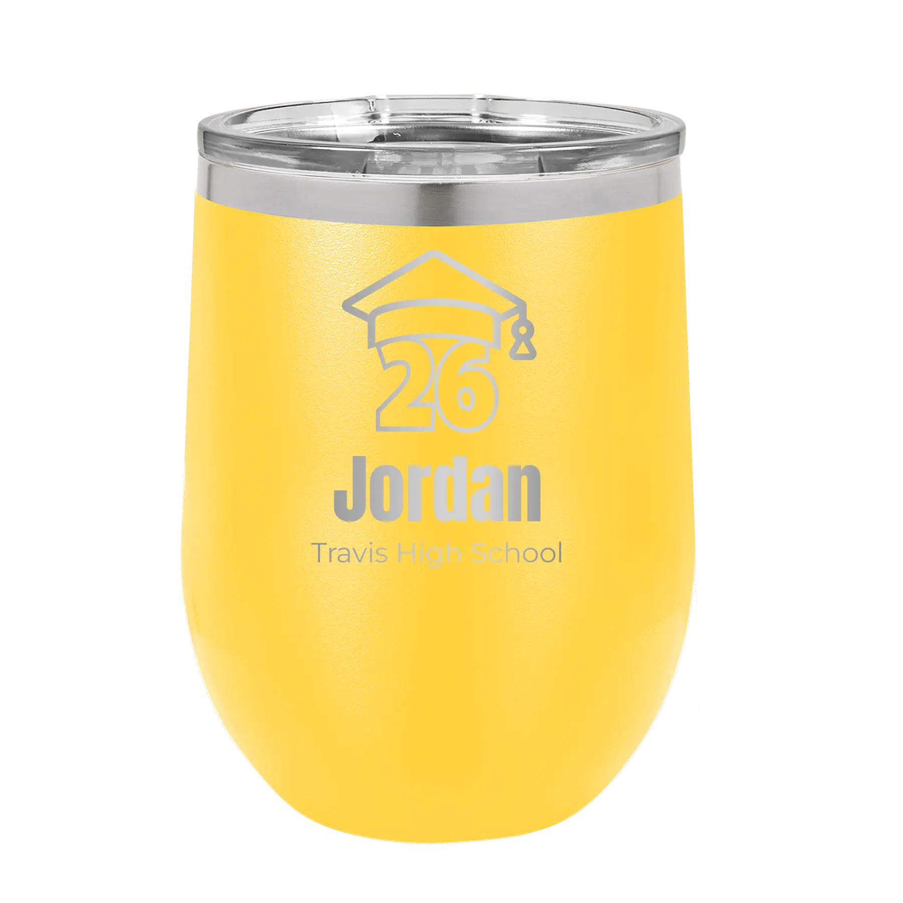 Personalized yellow 12 oz vacuum insulated wine cup with 'Year 2026' design