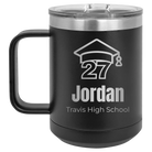 Personalized black 15 oz vacuum insulated coffee mug with etched 'Year 2027' design