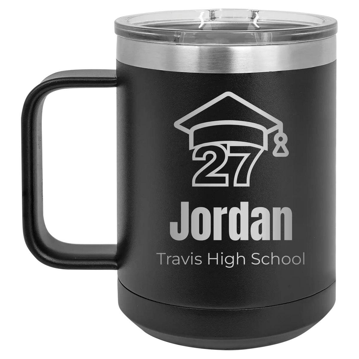 Personalized black 15 oz vacuum insulated coffee mug with etched 'Year 2027' design