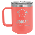 Personalized coral 15 oz vacuum insulated coffee mug with etched 'Year 2027' design