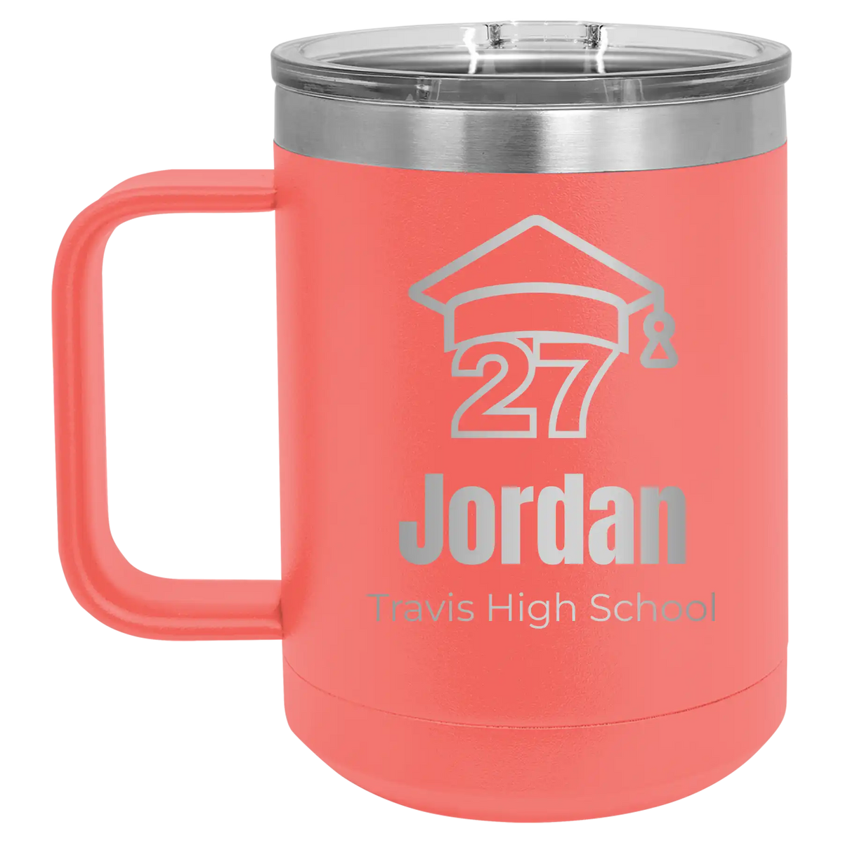Personalized coral 15 oz vacuum insulated coffee mug with etched 'Year 2027' design