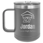Personalized dark gray 15 oz vacuum insulated coffee mug with etched 'Year 2027' design