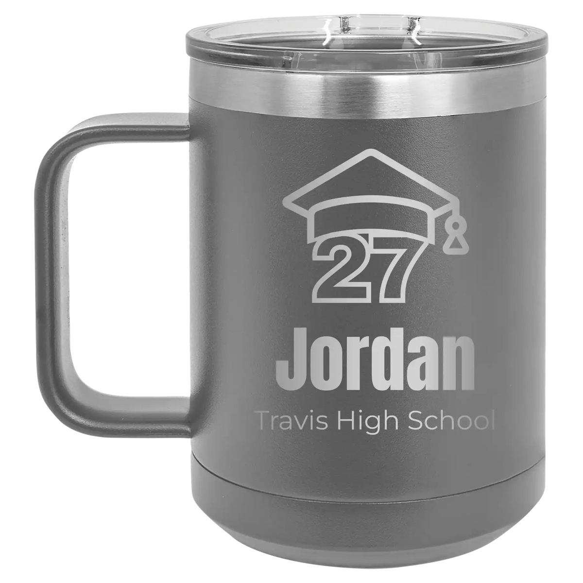 Personalized dark gray 15 oz vacuum insulated coffee mug with etched 'Year 2027' design