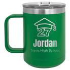 Personalized green 15 oz vacuum insulated coffee mug with etched 'Year 2027' design