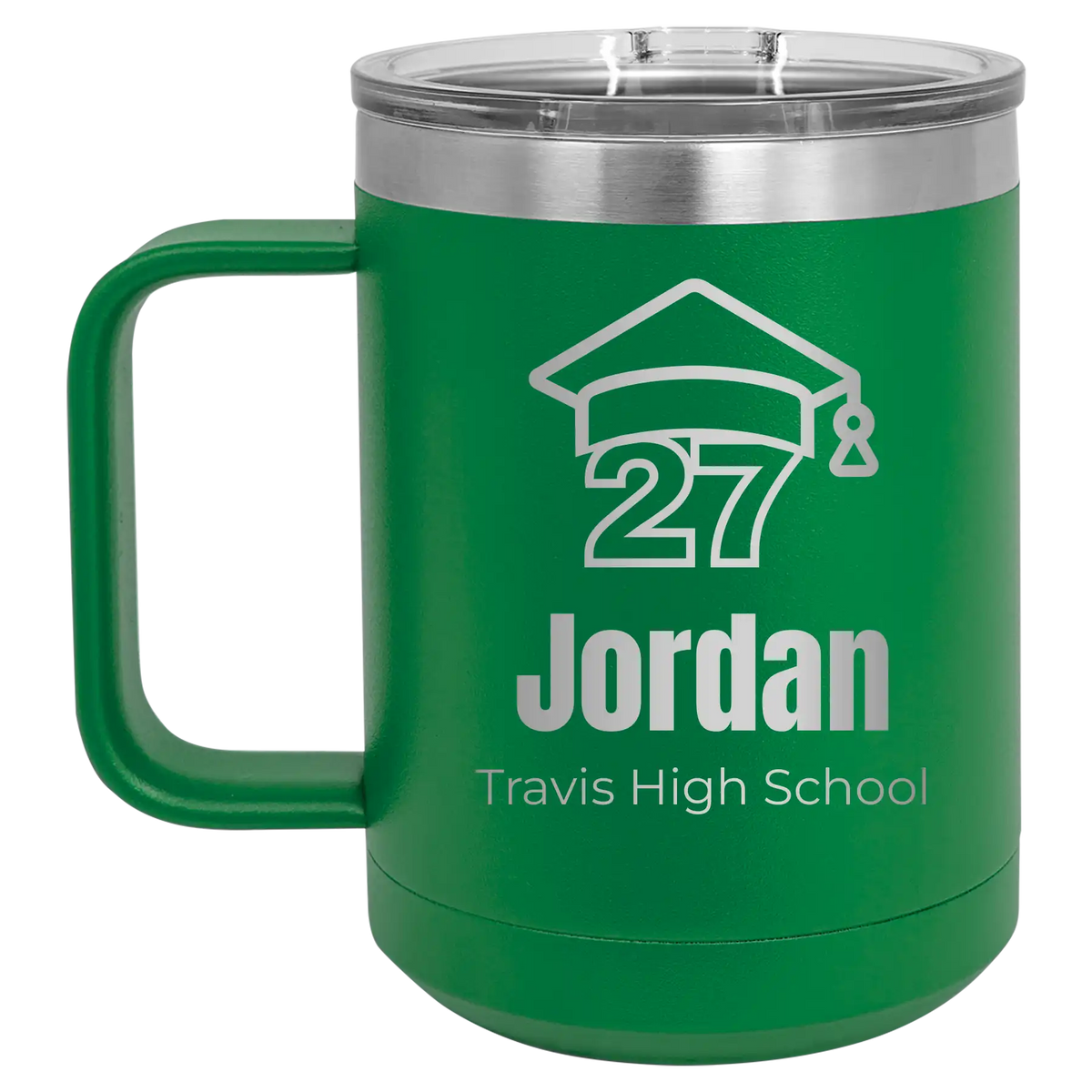 Personalized green 15 oz vacuum insulated coffee mug with etched 'Year 2027' design