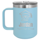 Personalized light blue 15 oz vacuum insulated coffee mug with etched 'Year 2027' design