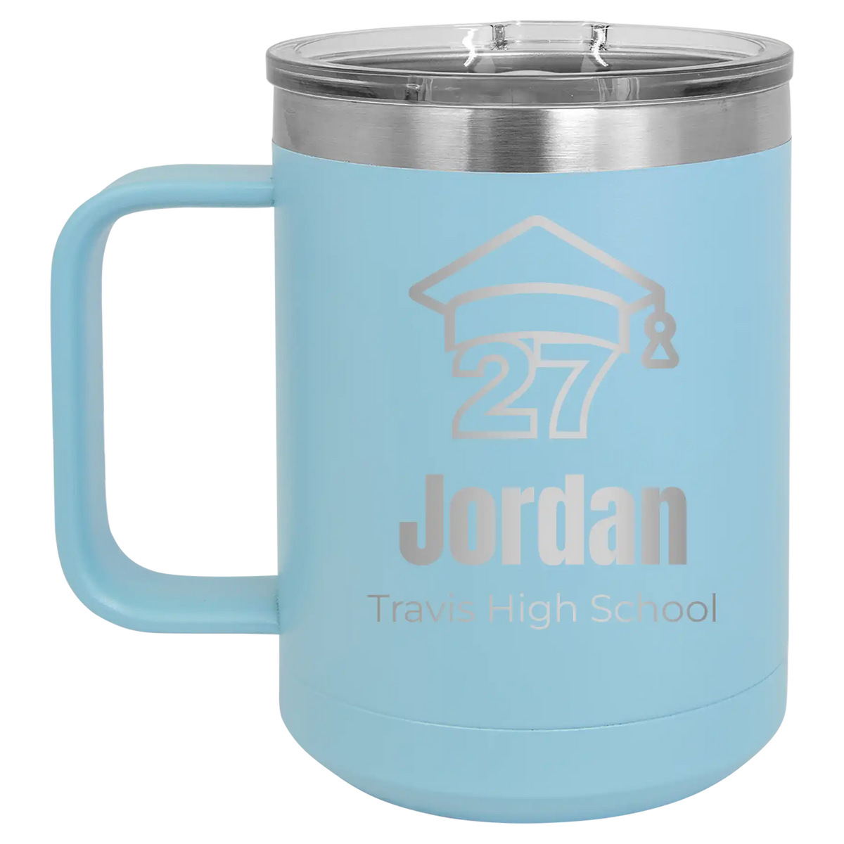 Personalized light blue 15 oz vacuum insulated coffee mug with etched 'Year 2027' design