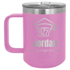 Personalized light purple 15 oz vacuum insulated coffee mug with etched 'Year 2027' design
