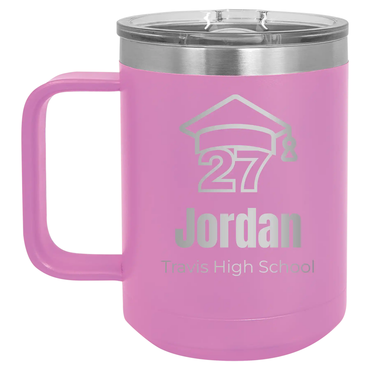 Personalized light purple 15 oz vacuum insulated coffee mug with etched 'Year 2027' design