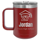 Personalized maroon 15 oz vacuum insulated coffee mug with etched 'Year 2027' design
