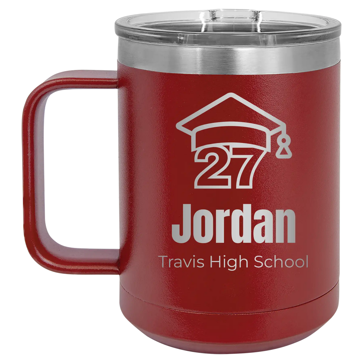 Personalized maroon 15 oz vacuum insulated coffee mug with etched 'Year 2027' design