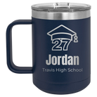 Personalized navy 15 oz vacuum insulated coffee mug with etched 'Year 2027' design