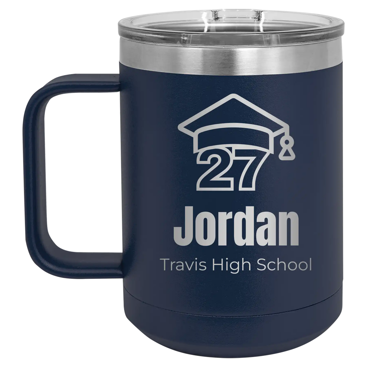Personalized navy 15 oz vacuum insulated coffee mug with etched 'Year 2027' design