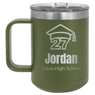 Personalized olive green 15 oz vacuum insulated coffee mug with etched 'Year 2027' design
