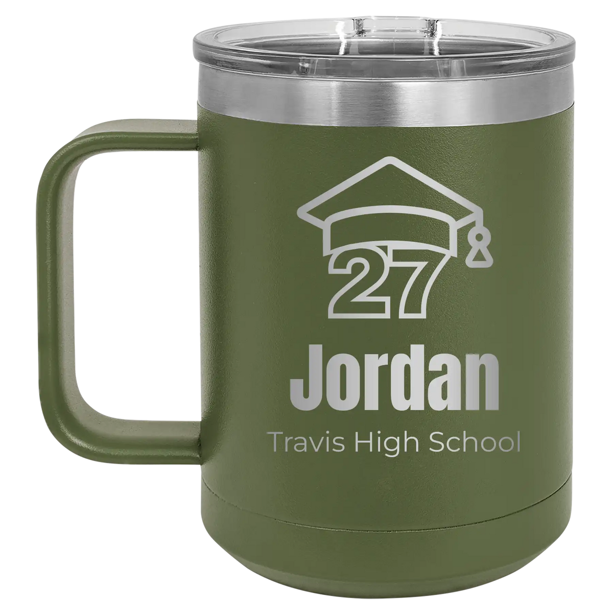 Personalized olive green 15 oz vacuum insulated coffee mug with etched 'Year 2027' design