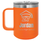 Personalized orange 15 oz vacuum insulated coffee mug with etched 'Year 2027' design