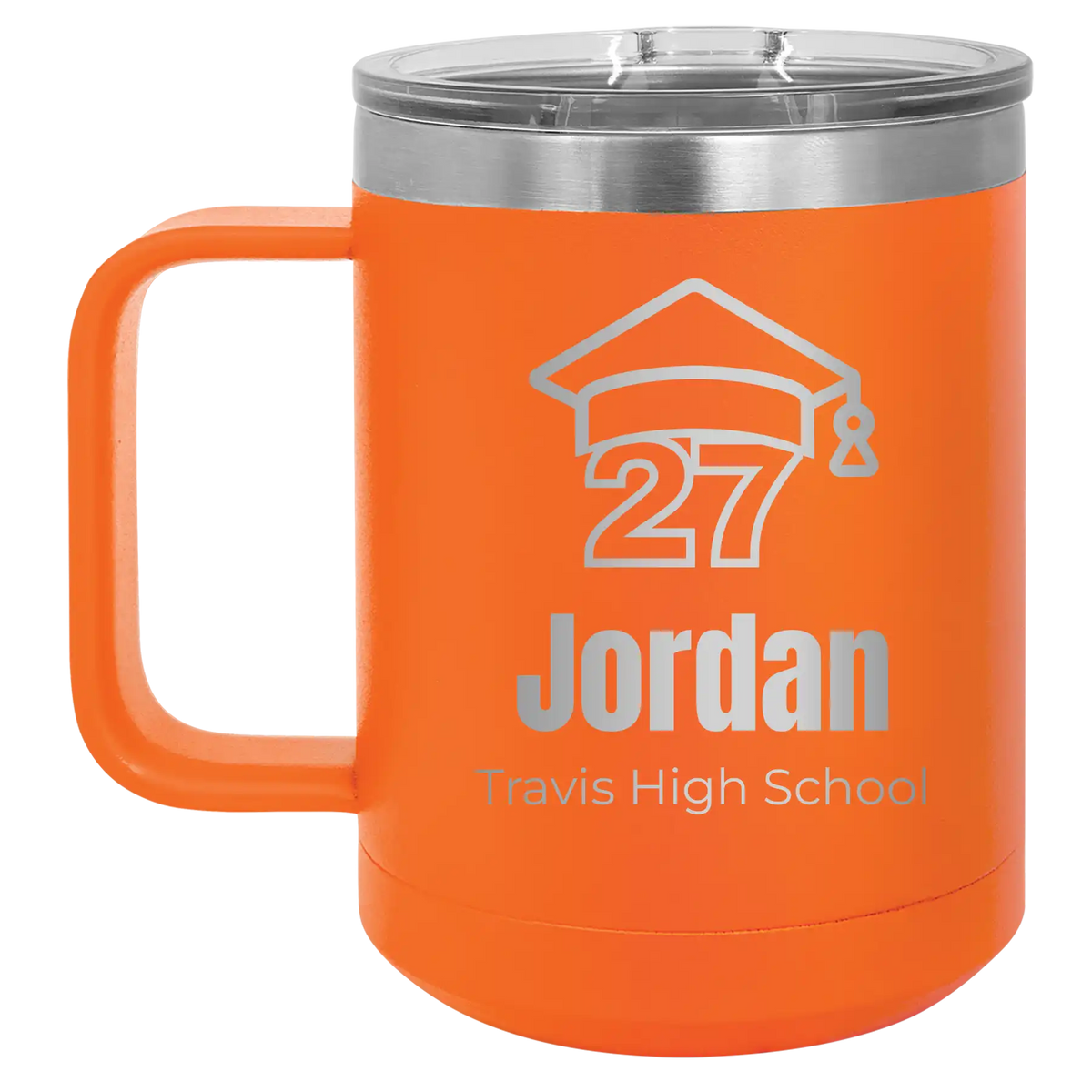 Personalized orange 15 oz vacuum insulated coffee mug with etched 'Year 2027' design