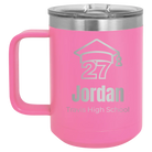 Personalized pink 15 oz vacuum insulated coffee mug with etched 'Year 2027' design