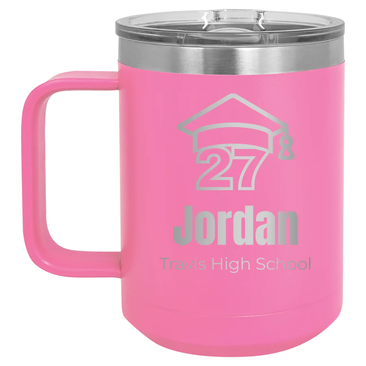 Personalized pink 15 oz vacuum insulated coffee mug with etched 'Year 2027' design