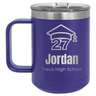 Personalized purple 15 oz vacuum insulated coffee mug with etched 'Year 2027' design