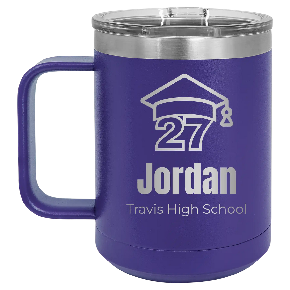 Personalized purple 15 oz vacuum insulated coffee mug with etched 'Year 2027' design
