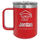 Personalized red 15 oz vacuum insulated coffee mug with etched 'Year 2027' design