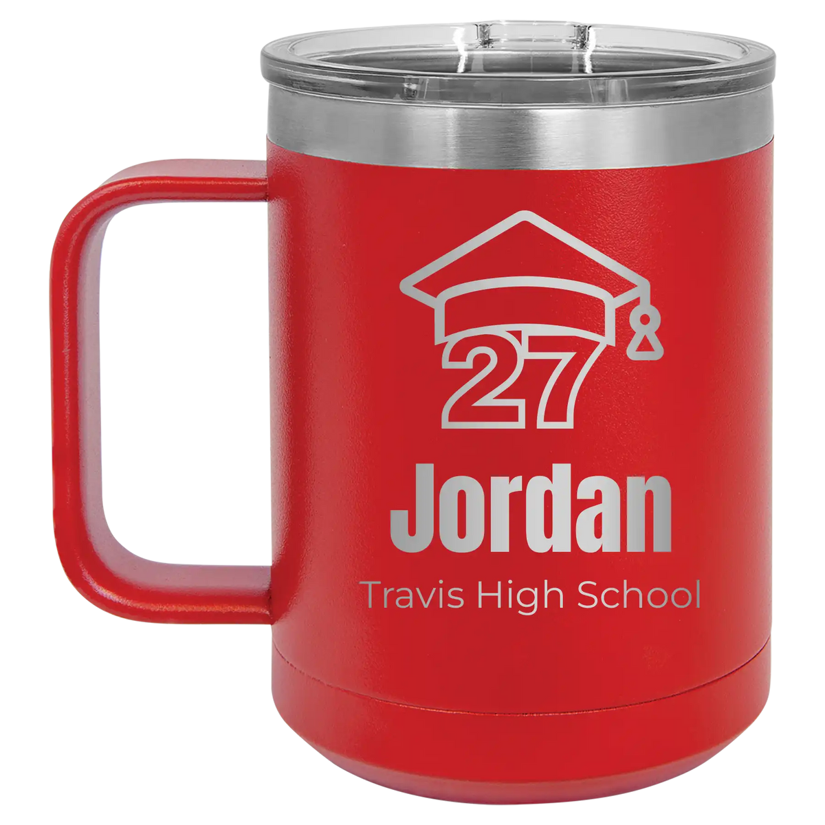 Personalized red 15 oz vacuum insulated coffee mug with etched 'Year 2027' design