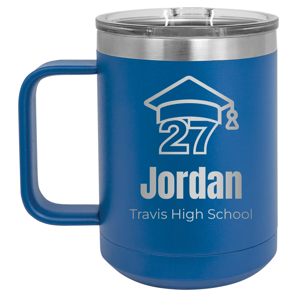 Personalized royal blue 15 oz vacuum insulated coffee mug with etched 'Year 2027' design