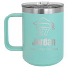Personalized teal 15 oz vacuum insulated coffee mug with etched 'Year 2027' design