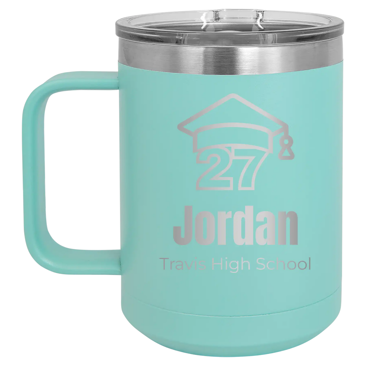 Personalized teal 15 oz vacuum insulated coffee mug with etched 'Year 2027' design