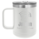 Personalized white 15 oz vacuum insulated coffee mug with etched 'Year 2027' design