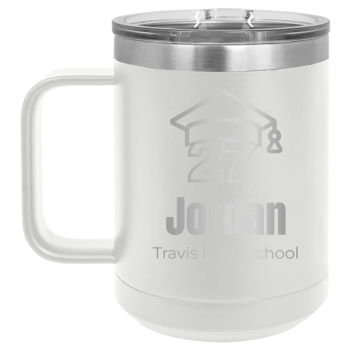 Personalized white 15 oz vacuum insulated coffee mug with etched 'Year 2027' design
