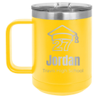 Personalized yellow 15 oz vacuum insulated coffee mug with etched 'Year 2027' design