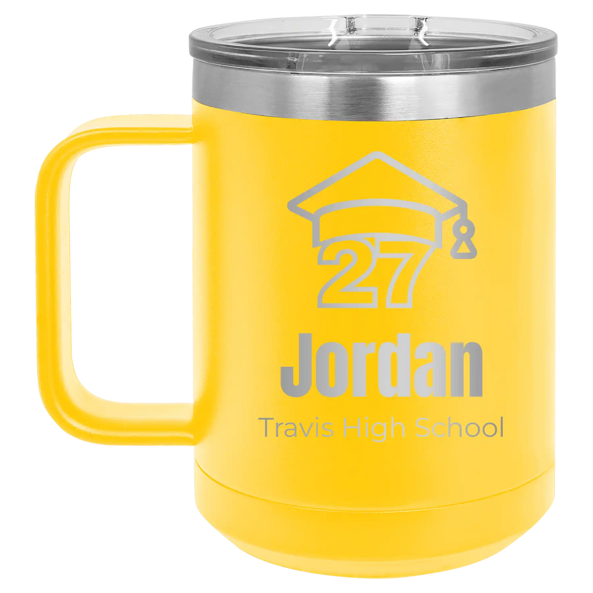 Personalized yellow 15 oz vacuum insulated coffee mug with etched 'Year 2027' design