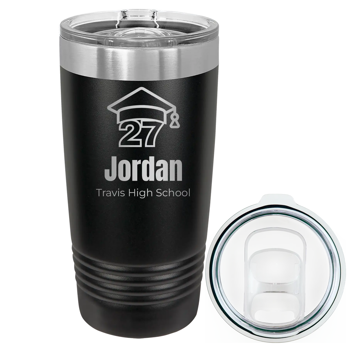 Laser etched black 20 oz vacuum insulated tumbler with 'Year 2027' design