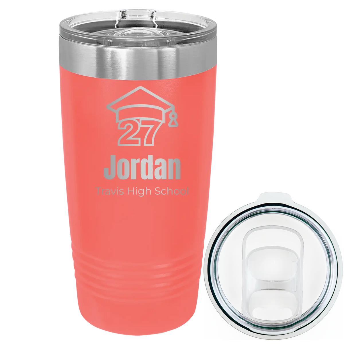 Laser etched coral 20 oz vacuum insulated tumbler with 'Year 2027' design