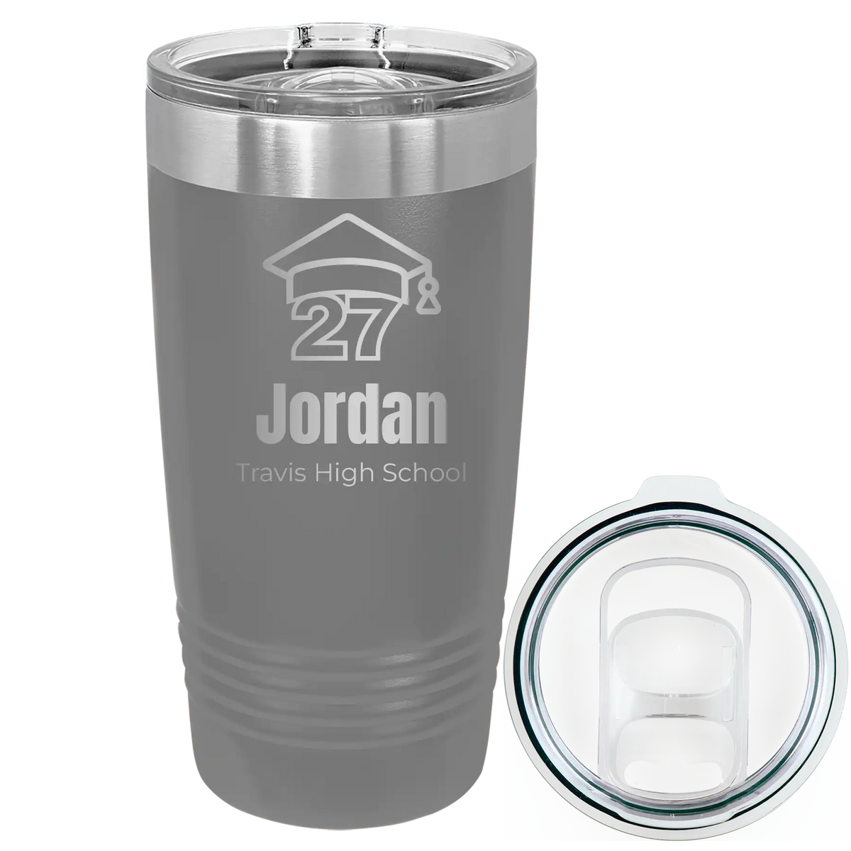 Laser etched dark gray 20 oz vacuum insulated tumbler with 'Year 2027' design