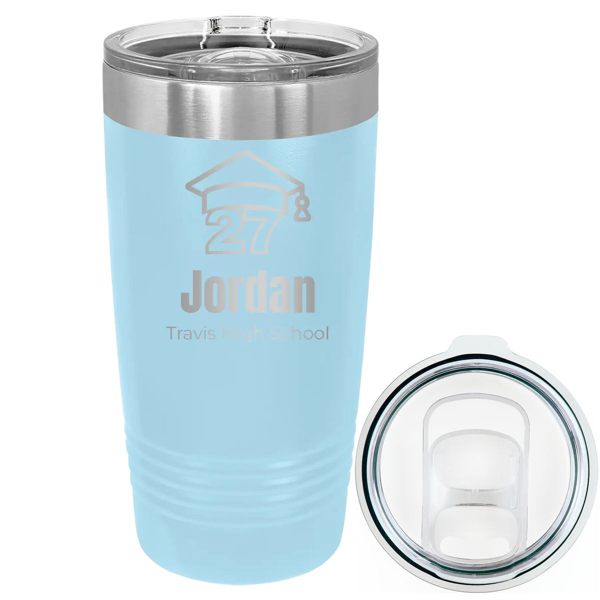 Laser etched light blue 20 oz vacuum insulated tumbler with 'Year 2027' design
