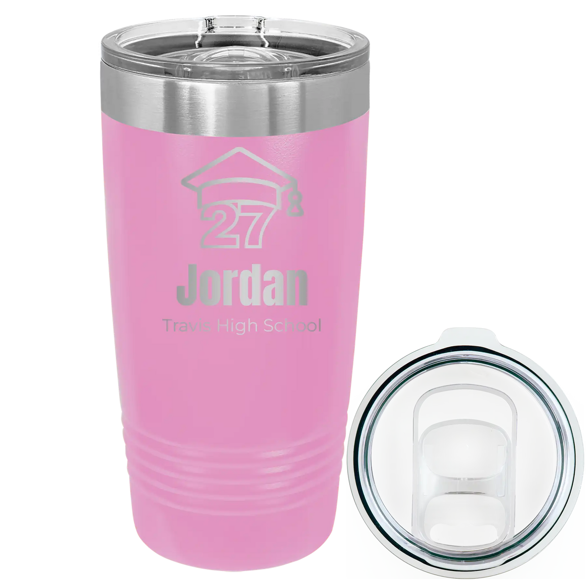 Laser etched light purple 20 oz vacuum insulated tumbler with 'Year 2027' design
